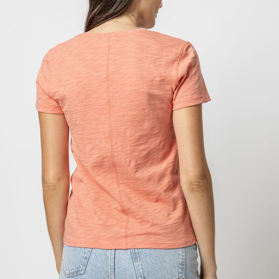 V-Neck Short Sleeve Back Seam Tee in color Sunset Image A2