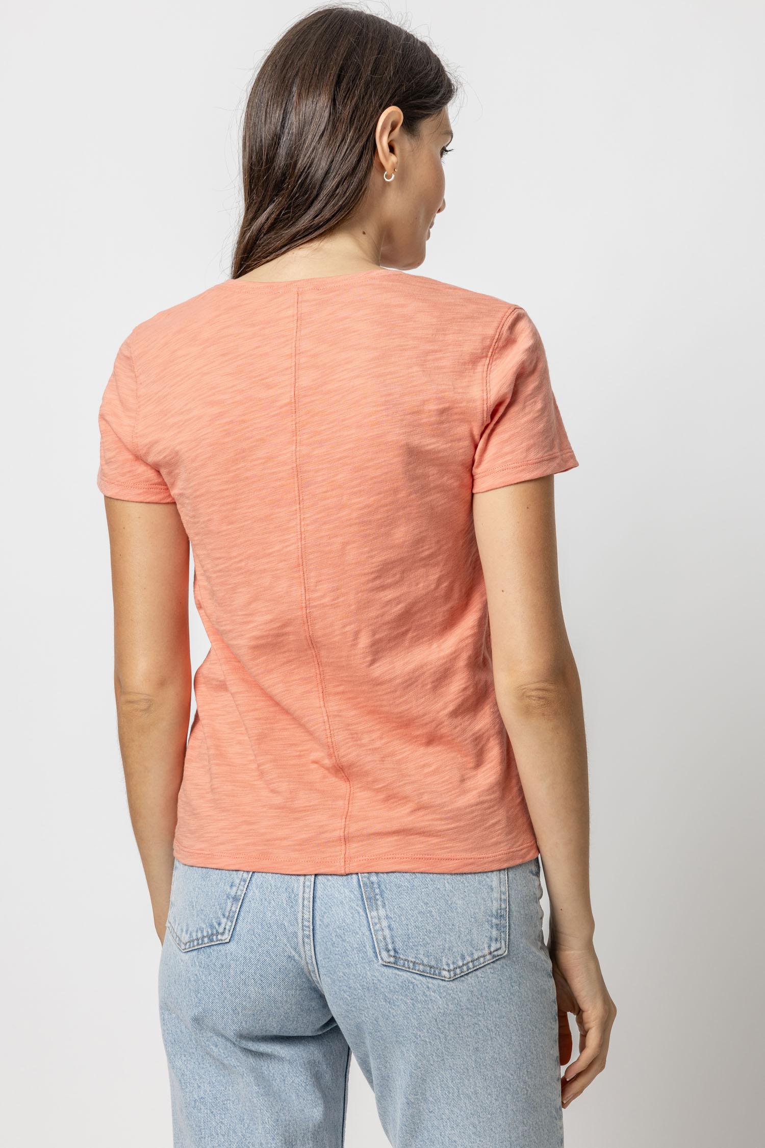 V-Neck Short Sleeve Back Seam Tee in color Sunset Image A2