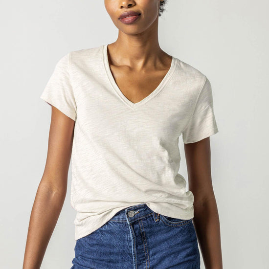 V-Neck Short Sleeve Back Seam Tee in color Talc Image A1