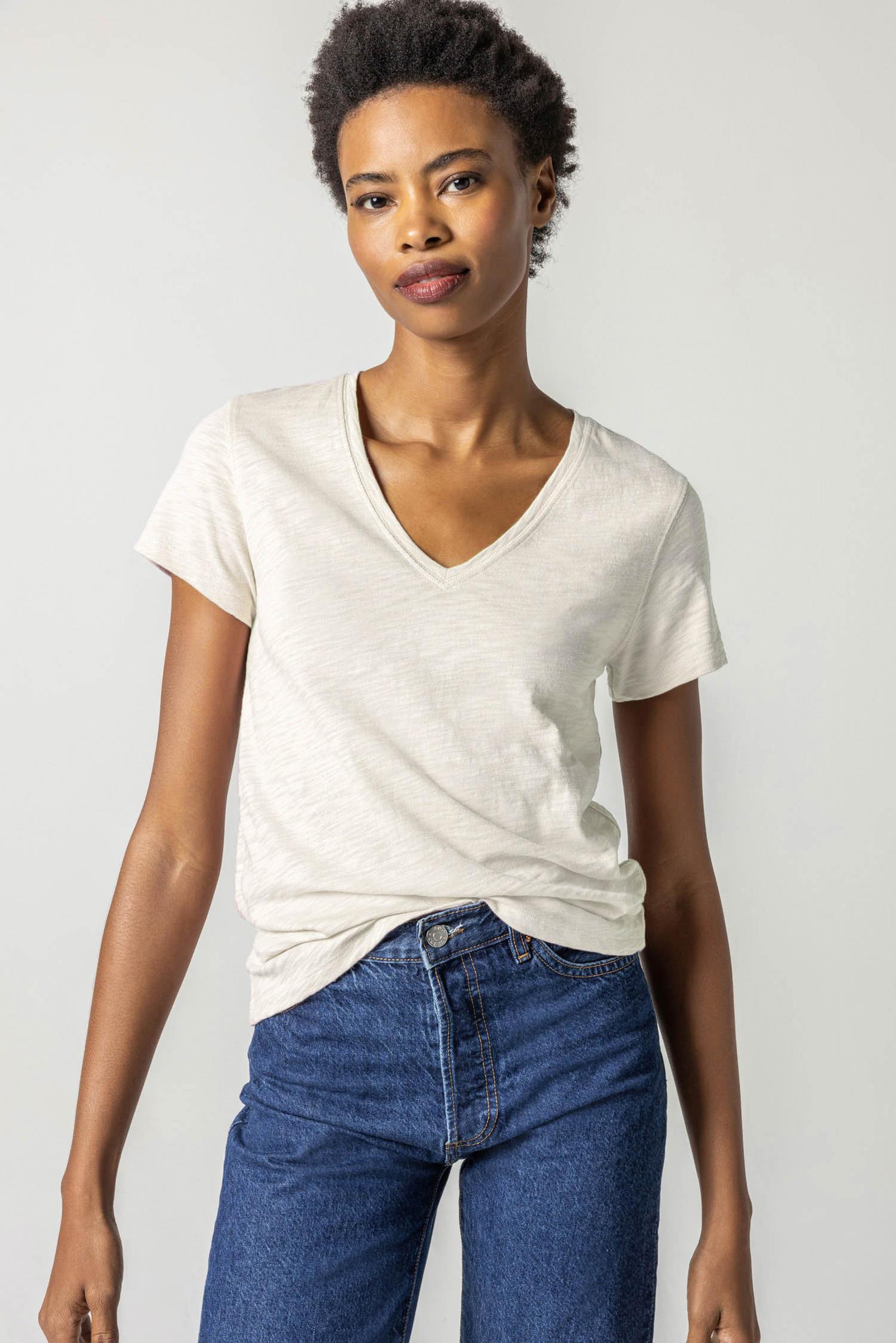 V-Neck Short Sleeve Back Seam Tee in color Talc Image A1