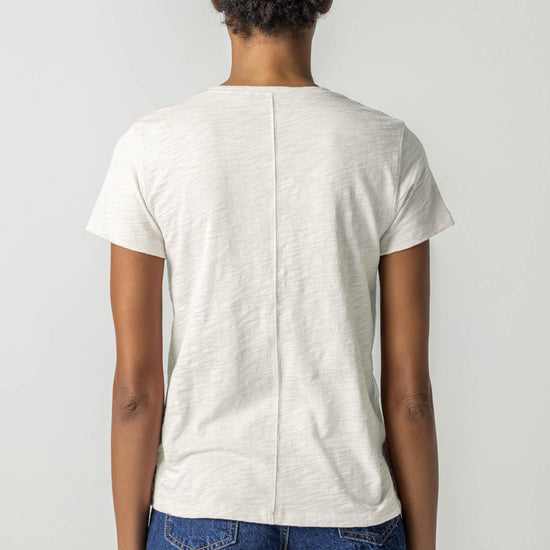V-Neck Short Sleeve Back Seam Tee in color Talc Image A2