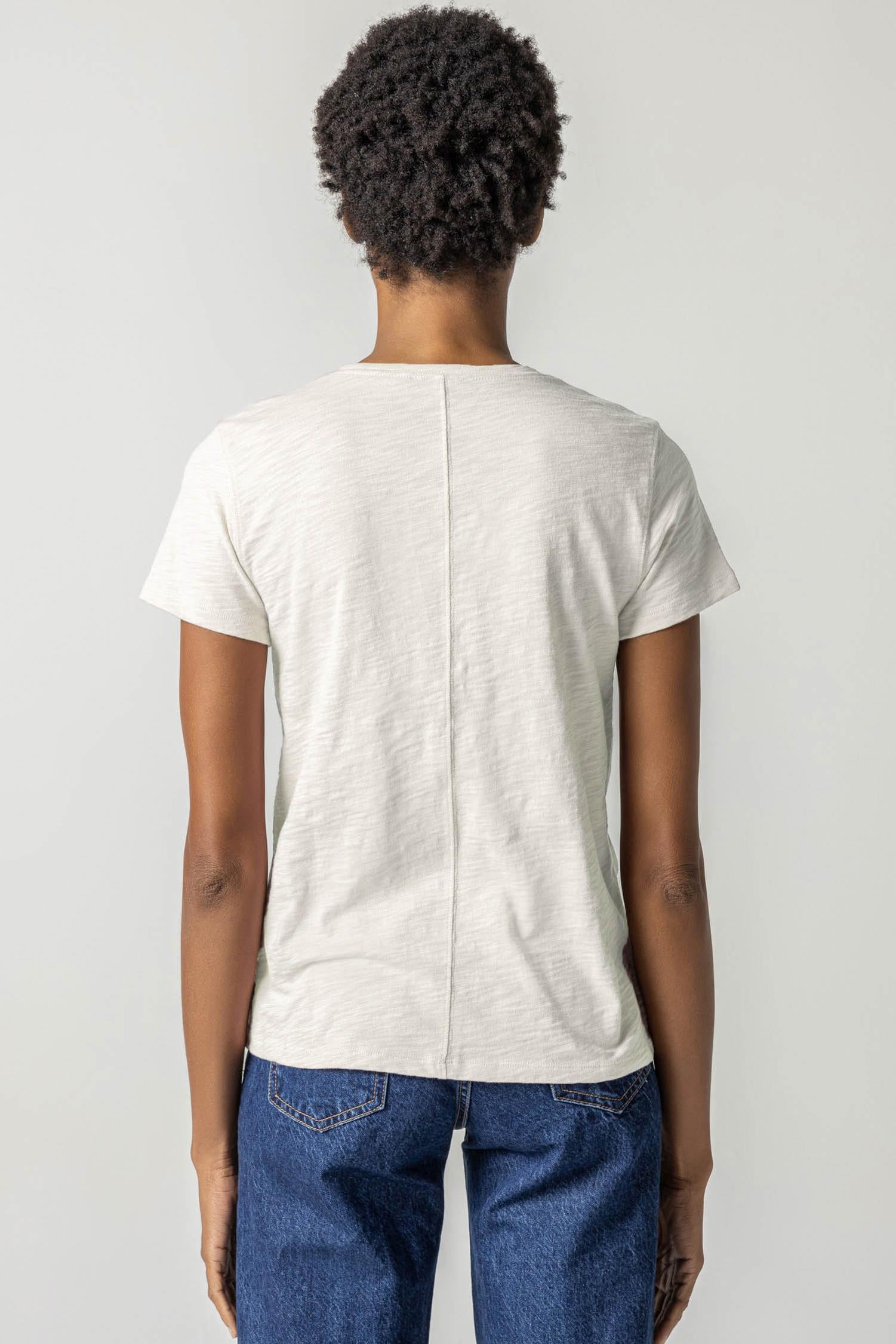 V-Neck Short Sleeve Back Seam Tee in color Talc Image A2