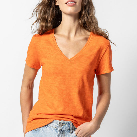 V-Neck Short Sleeve Back Seam Tee in color Tangelo Image A1