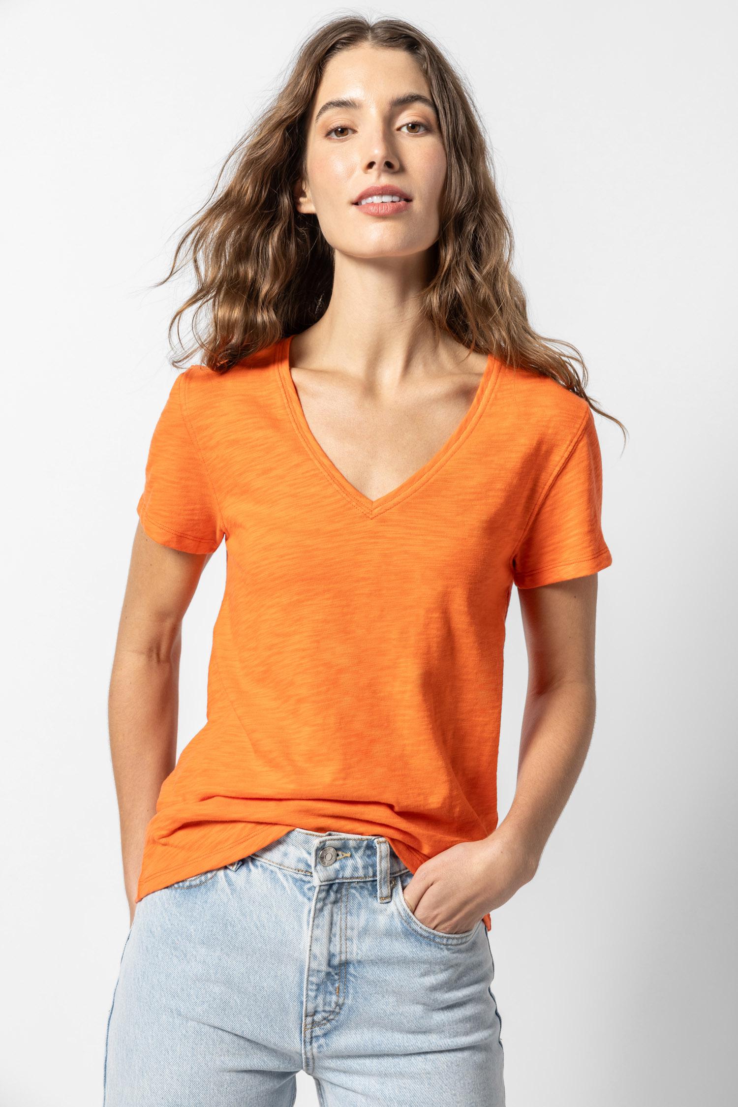 V-Neck Short Sleeve Back Seam Tee in color Tangelo Image A1