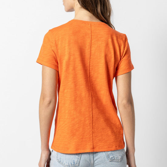 V-Neck Short Sleeve Back Seam Tee in color Tangelo Image A2