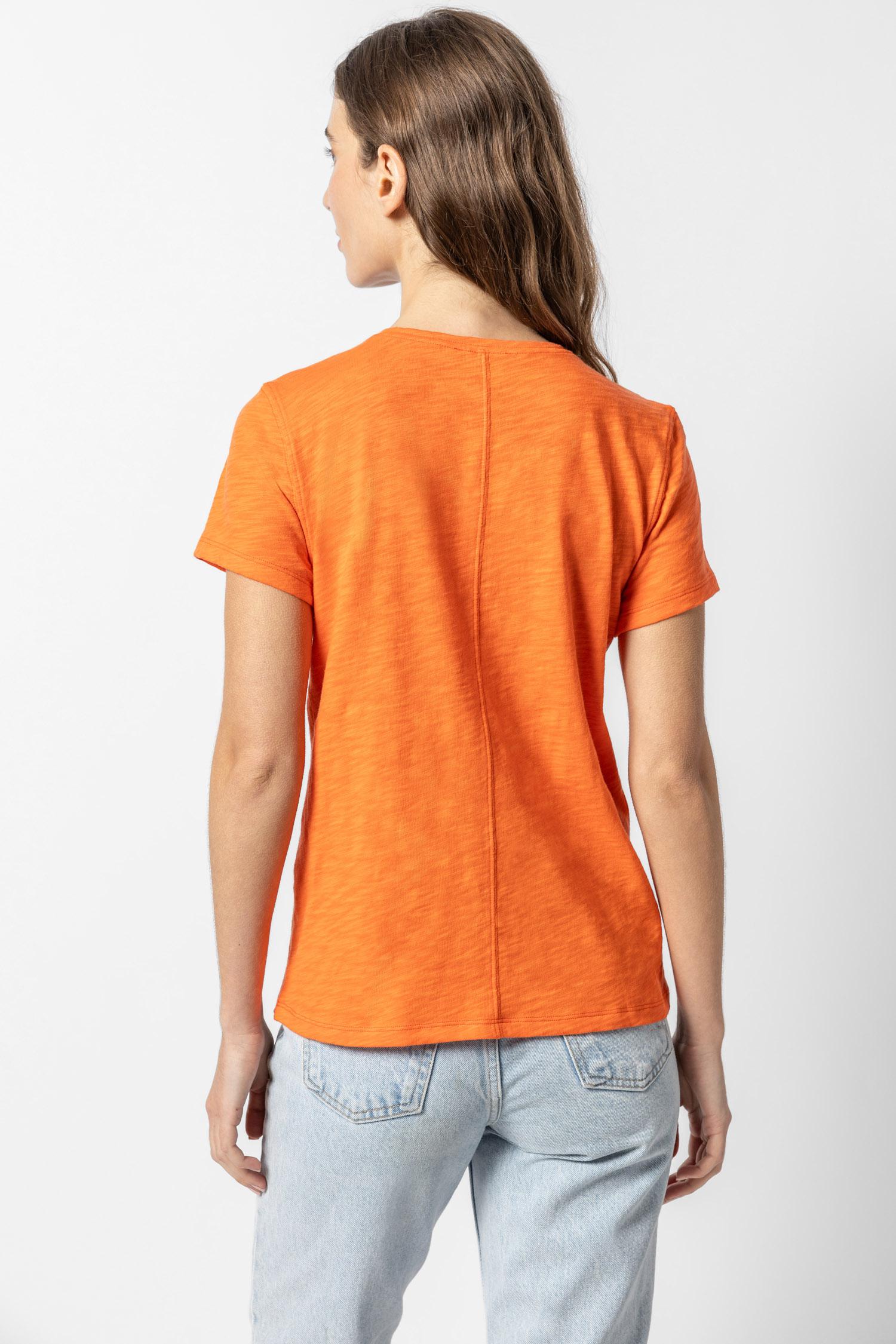 V-Neck Short Sleeve Back Seam Tee in color Tangelo Image A2