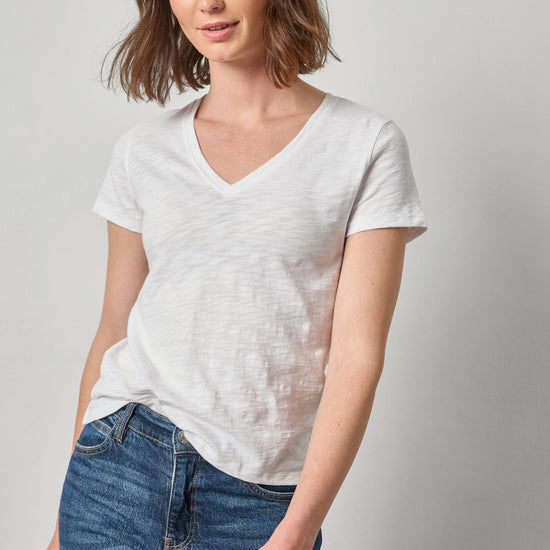 V-Neck Short Sleeve Back Seam Tee in color White Image A1