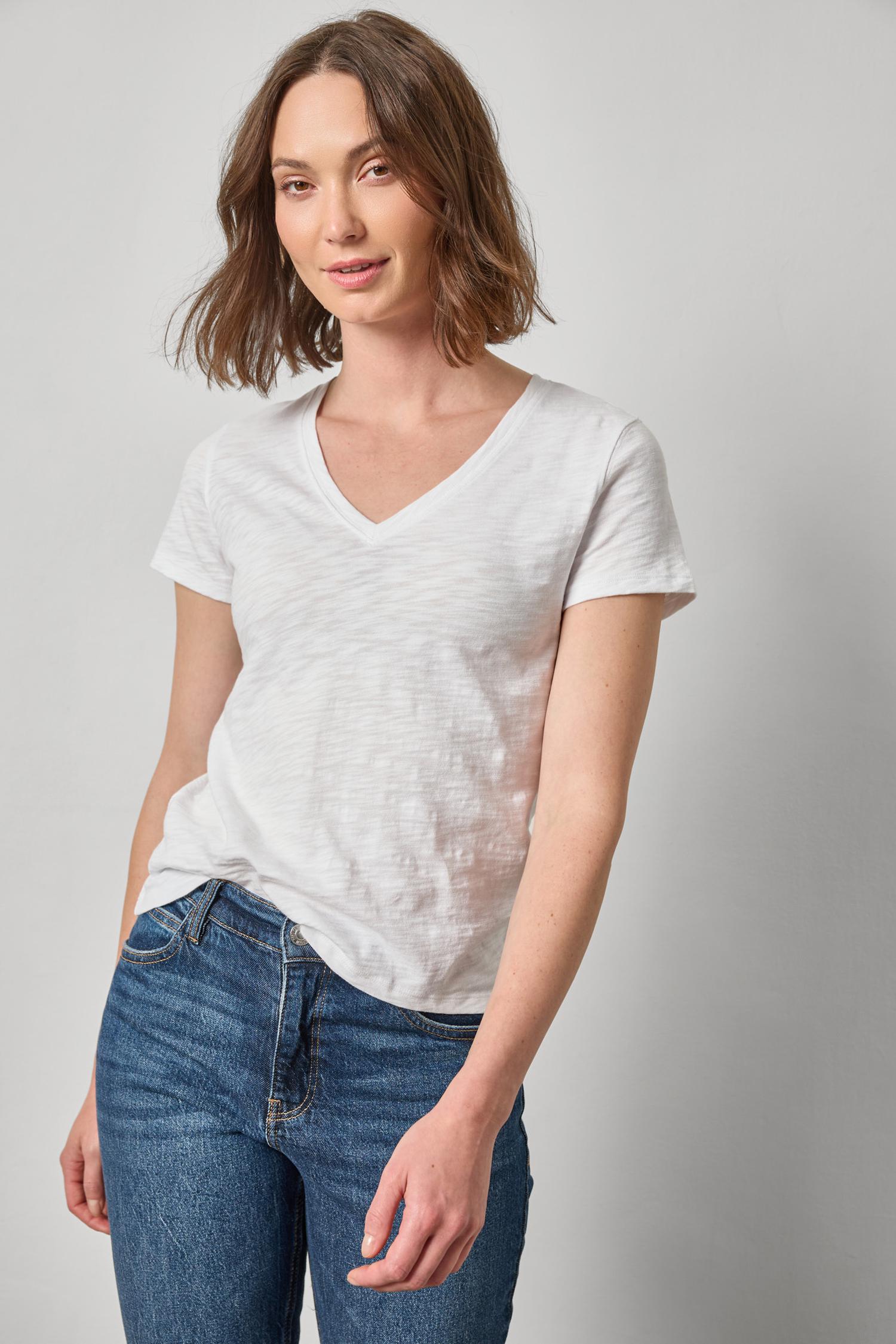 V-Neck Short Sleeve Back Seam Tee in color White Image A1