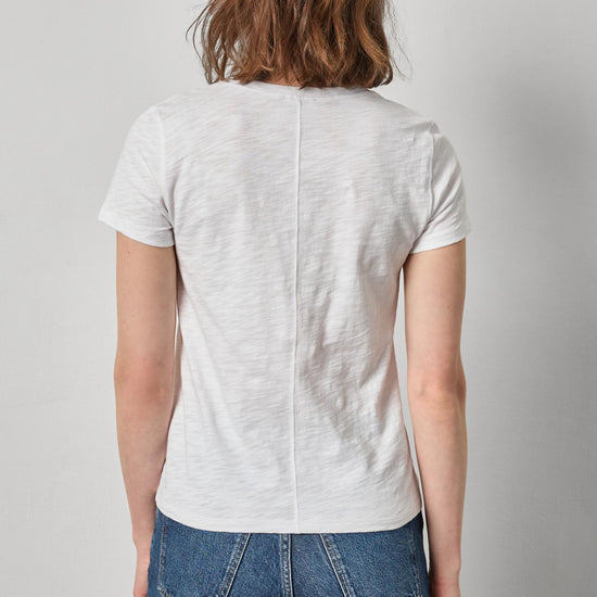 V-Neck Short Sleeve Back Seam Tee in color White Image A2