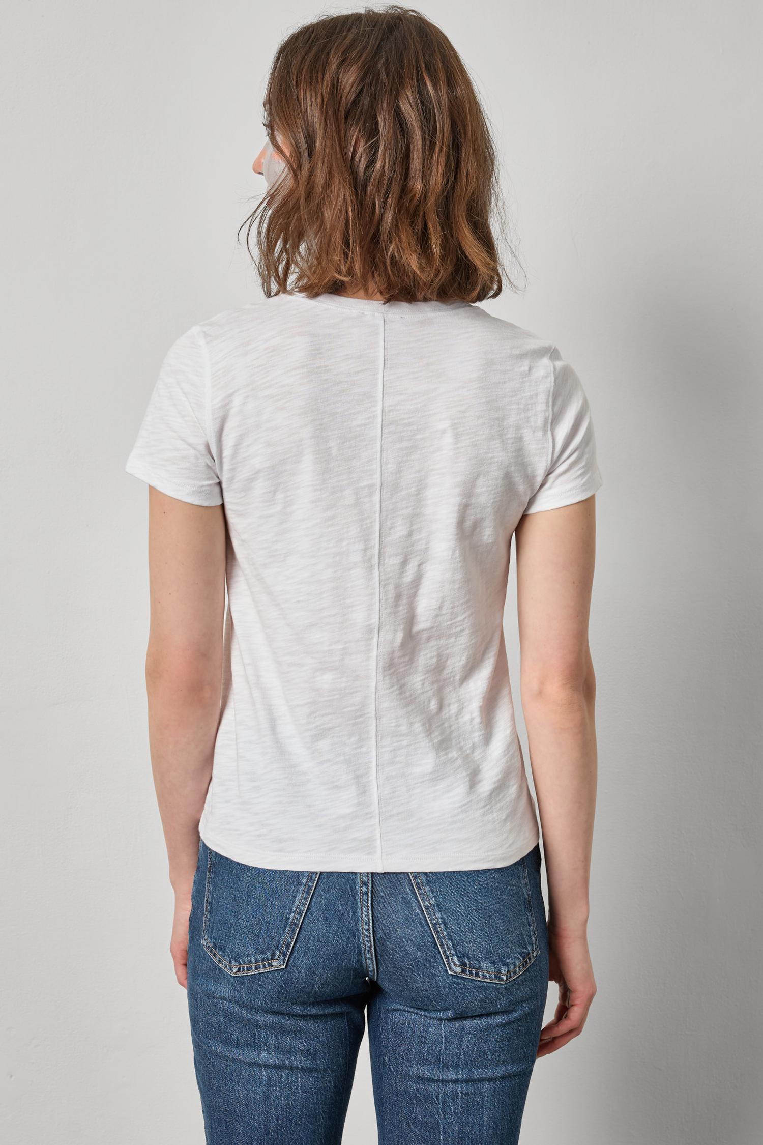 V-Neck Short Sleeve Back Seam Tee in color White Image A2