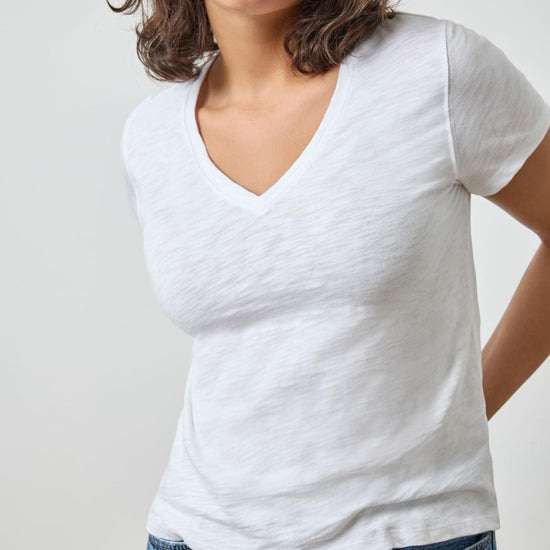 V-Neck Short Sleeve Back Seam Tee in color White Image A4