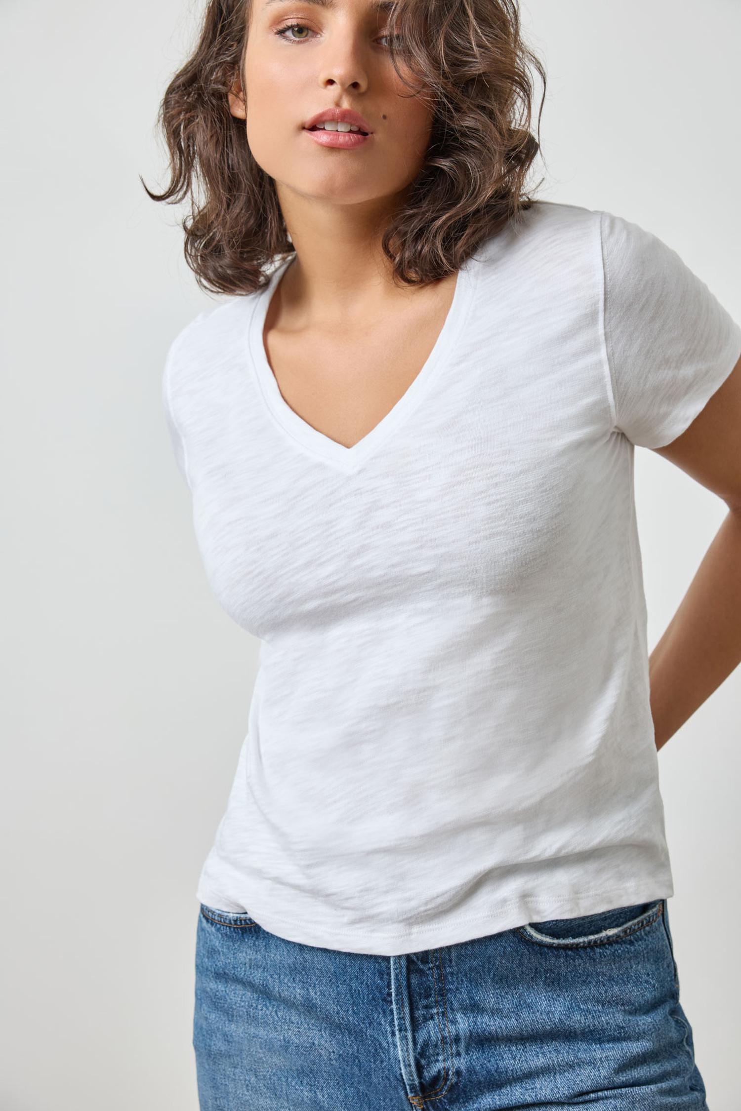 V-Neck Short Sleeve Back Seam Tee in color White Image A4