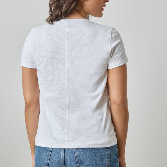 V-Neck Short Sleeve Back Seam Tee in color White Image A5