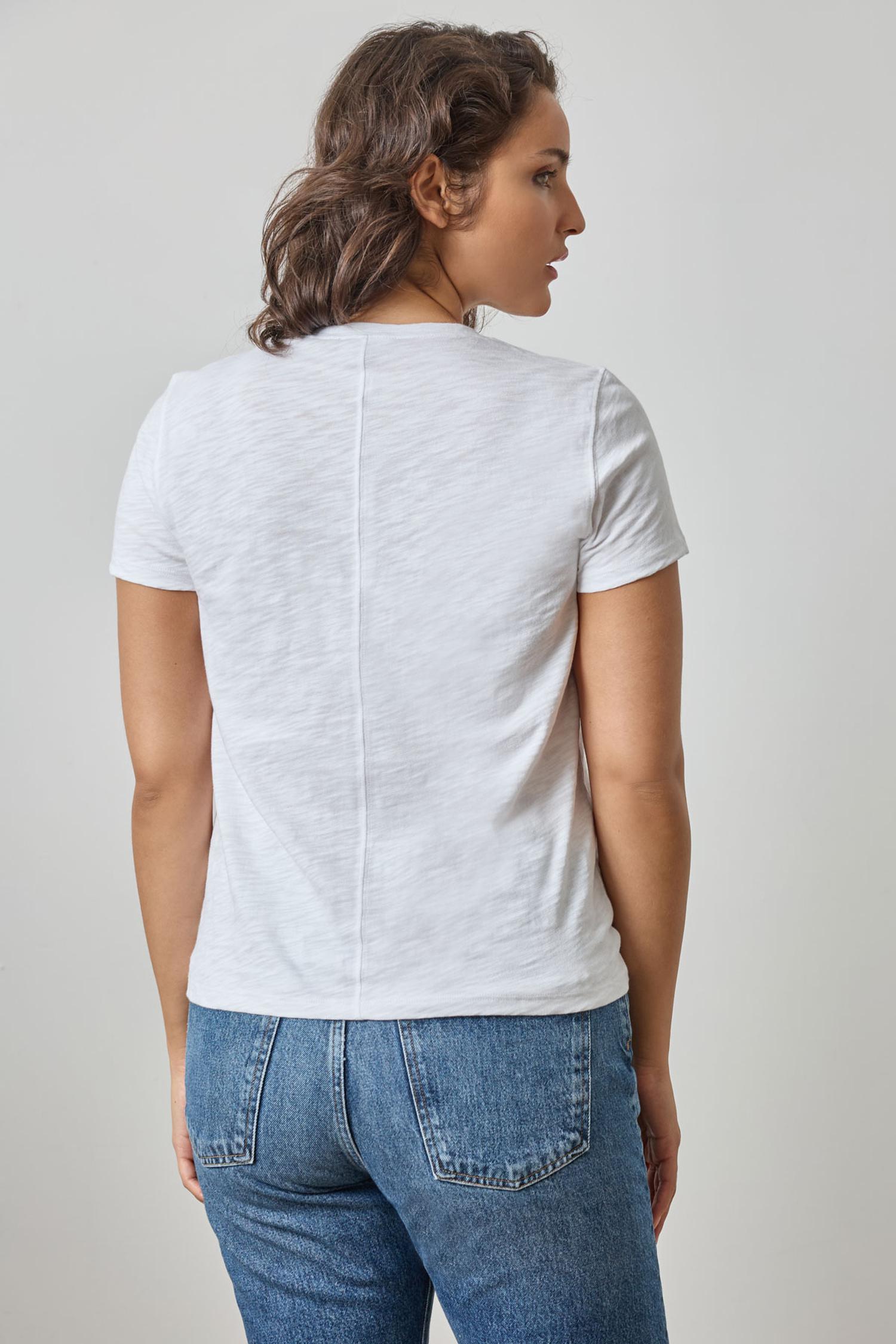 V-Neck Short Sleeve Back Seam Tee in color White Image A5