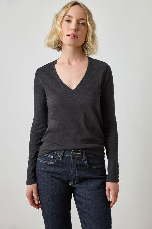 Long Sleeve V-Neck in color Black Image A1
