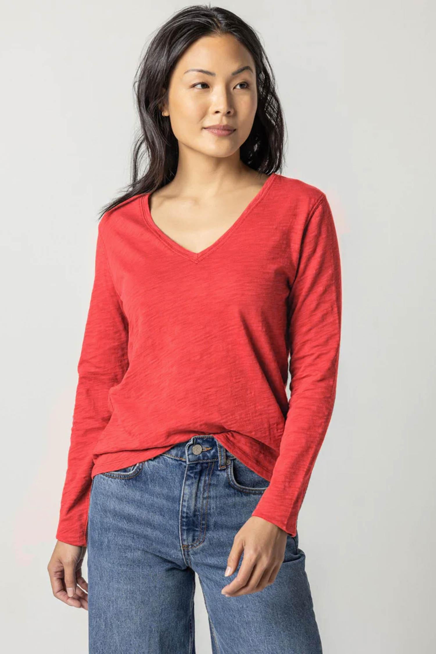 Long Sleeve V-Neck in color Cinnabar Image A1
