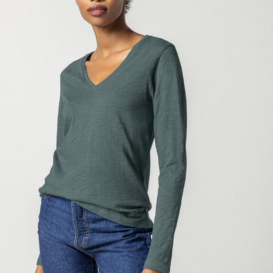 Long Sleeve V-Neck in color Evergreen Image A1