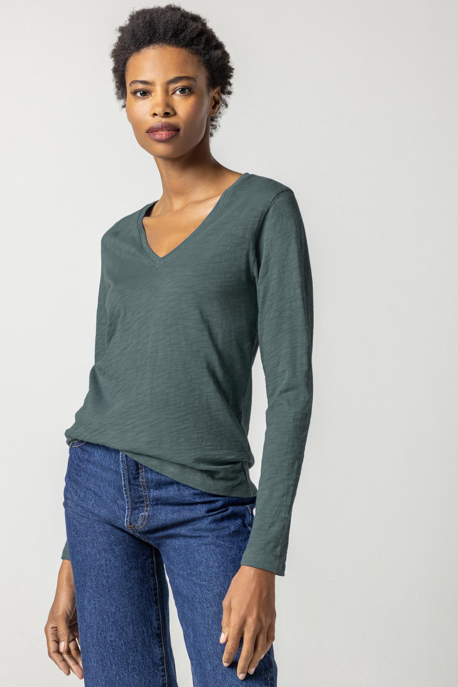 Long Sleeve V-Neck in color Evergreen Image A1