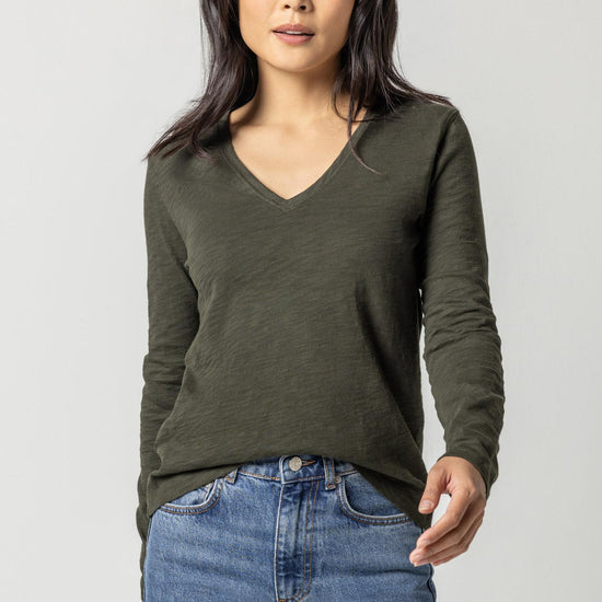 Long Sleeve V-Neck in color Loden Image A1
