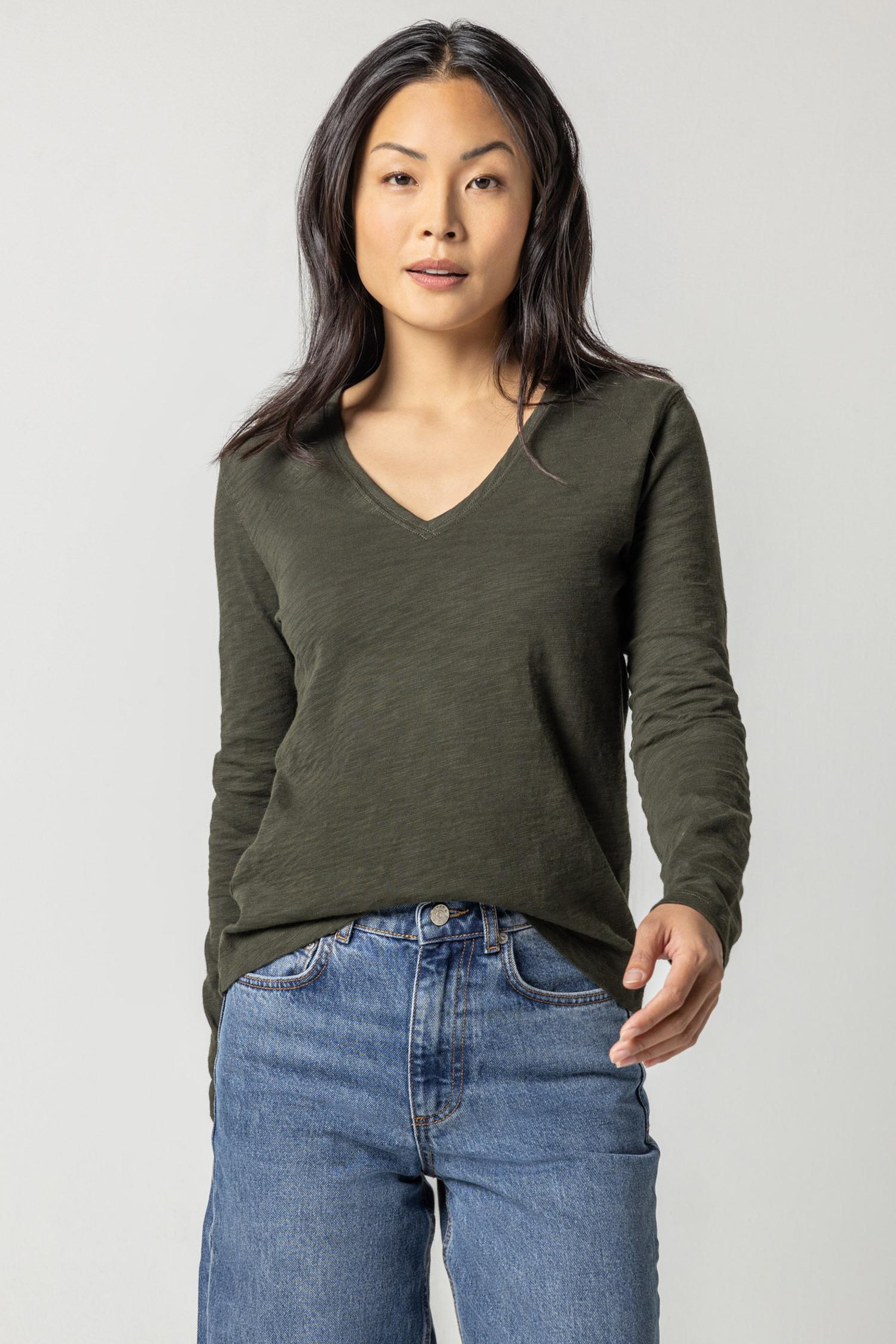 Long Sleeve V-Neck in color Loden Image A1