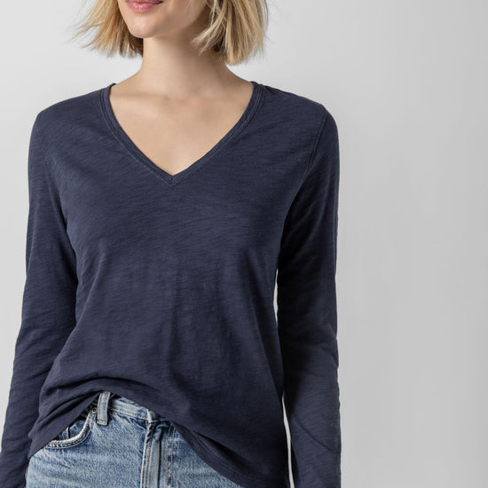 Long Sleeve V-Neck in color Navy Image A1