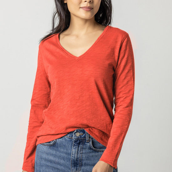 Long Sleeve V-Neck in color Poppy Image A1