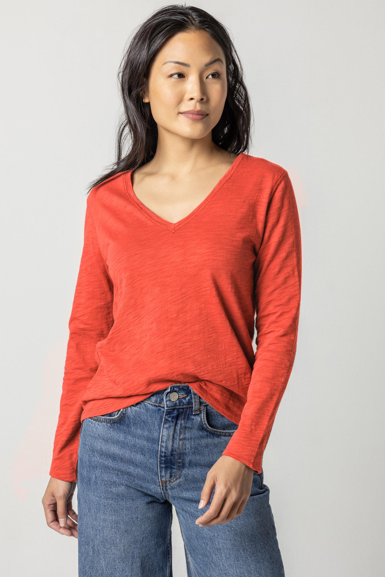Long Sleeve V-Neck in color Poppy Image A1