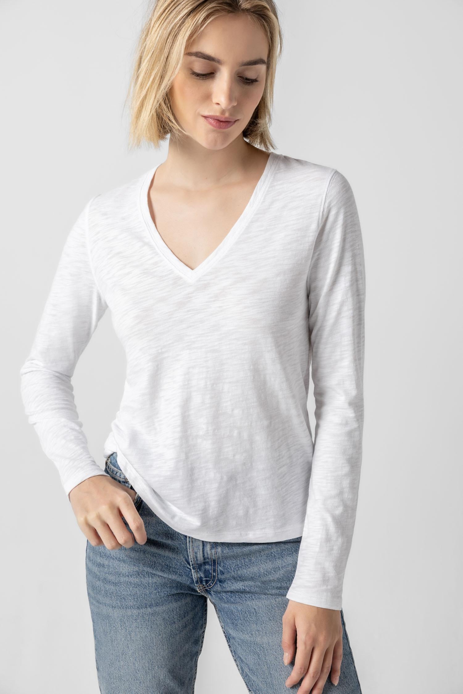 Long Sleeve V-Neck in color White Image A1
