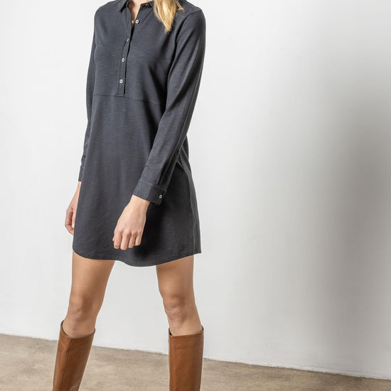 Long Sleeve Seamed Shirt Dress Womens Dress Black A1