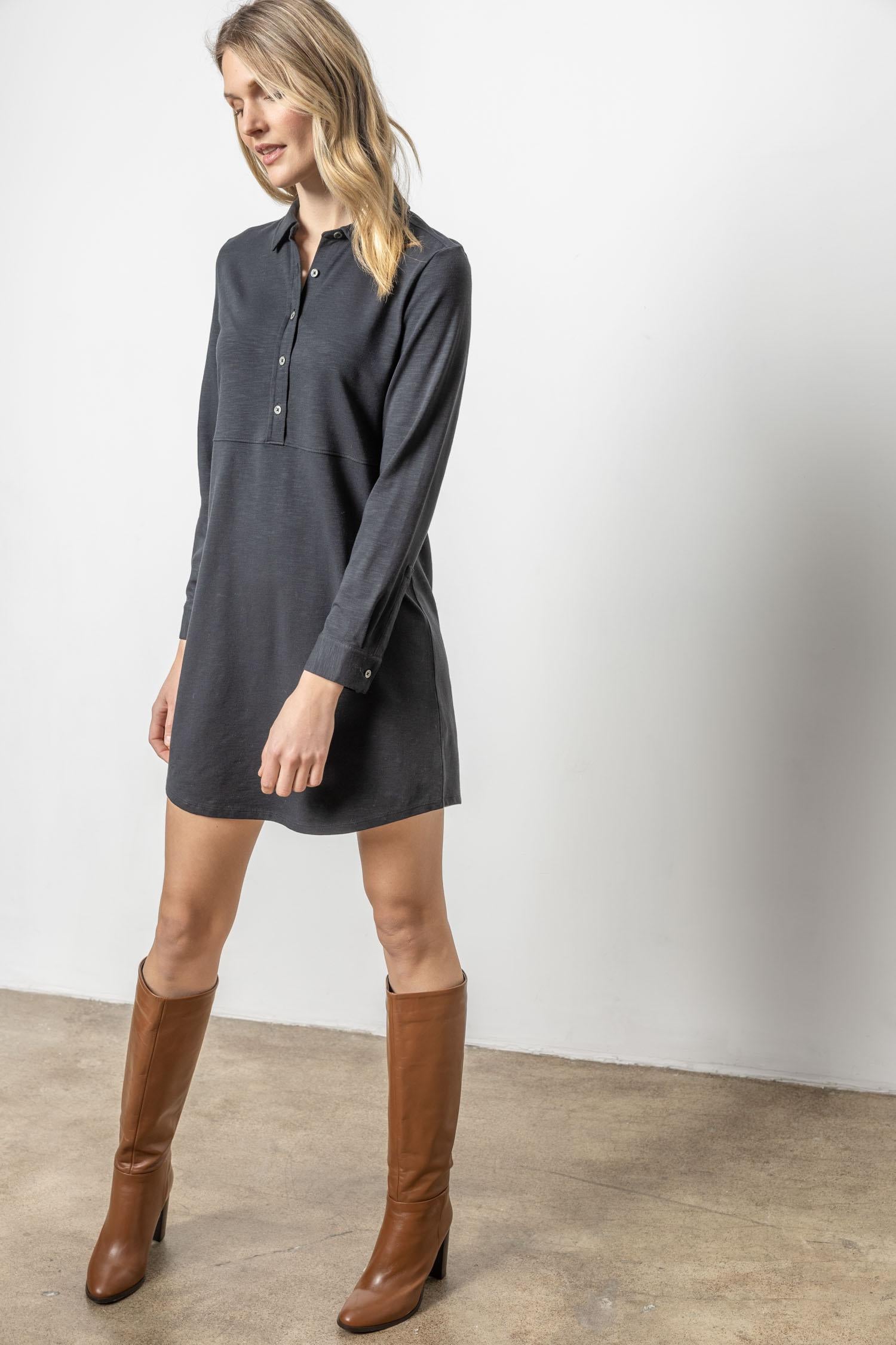 Long Sleeve Seamed Shirt Dress Womens Dress Black A1