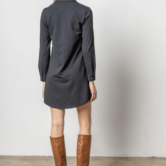 Long Sleeve Seamed Shirt Dress Womens Dress Black A2