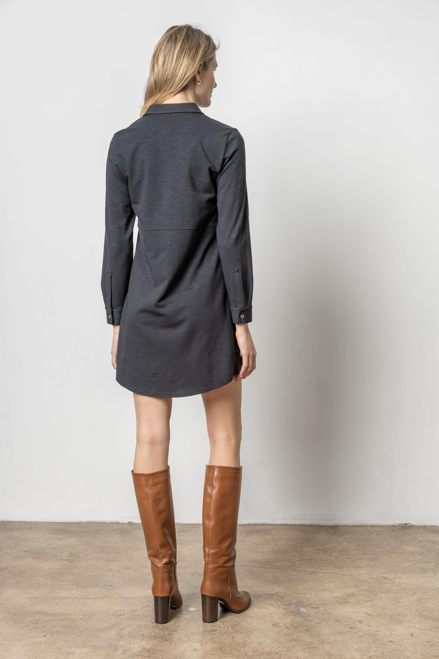Long Sleeve Seamed Shirt Dress Womens Dress Black A2