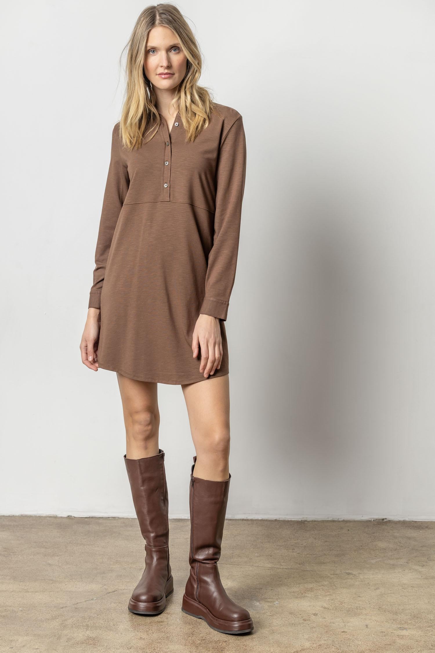 Long Sleeve Seamed Shirt Dress Java / X-Small Long Sleeve Seamed Shirt Dress Java / X-Small