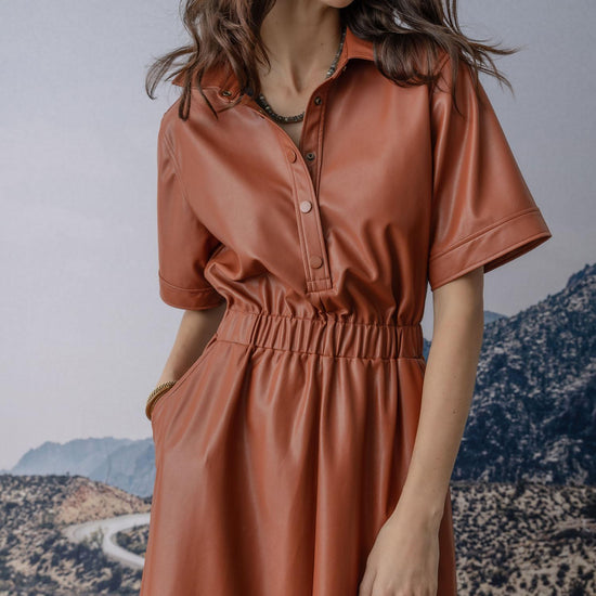 Elastic Waist Short Sleeve Dress Womens Dress Cognac C2