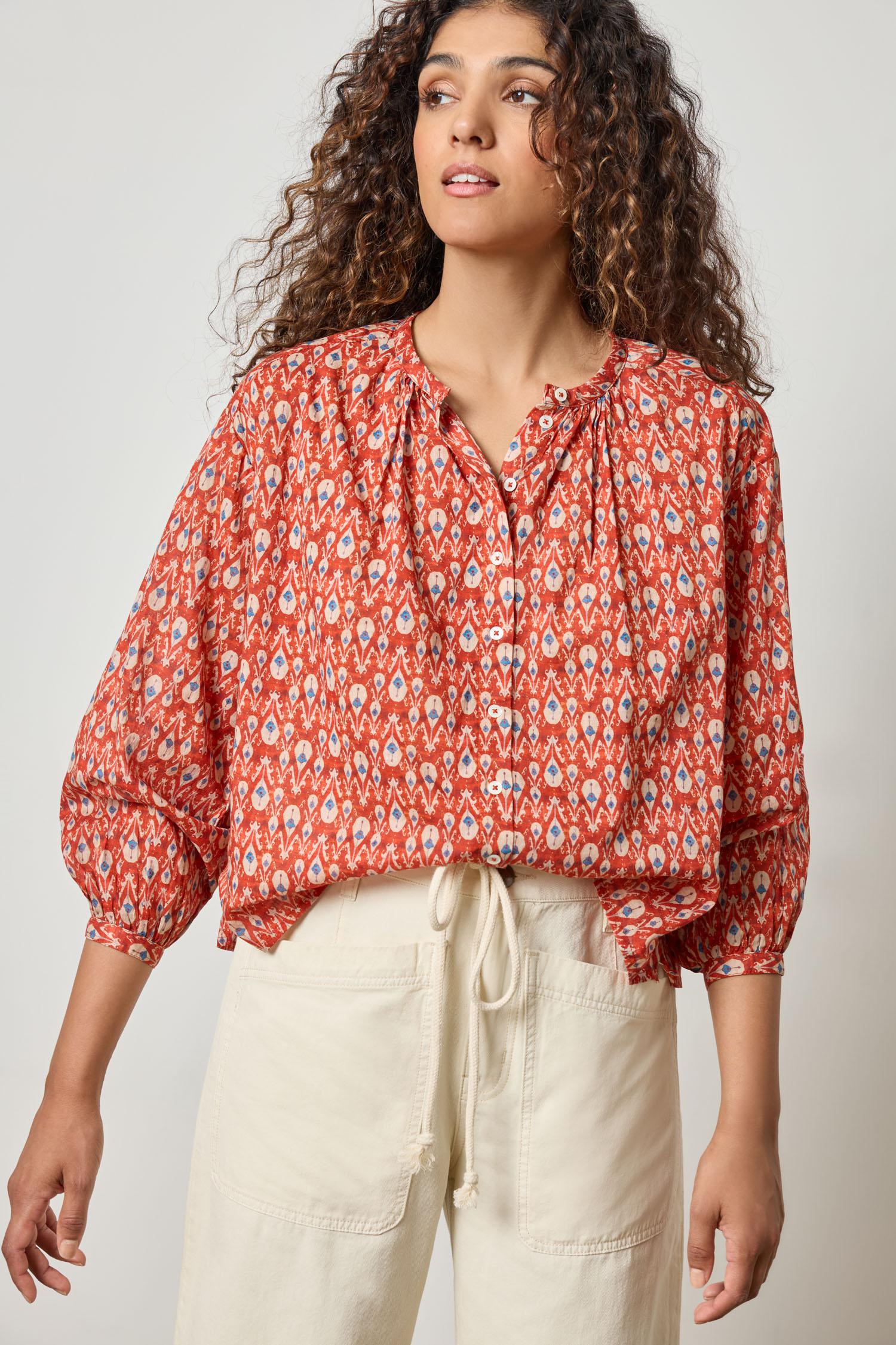 Long Sleeve Shirred Blouse Womens Top Chili Print A1