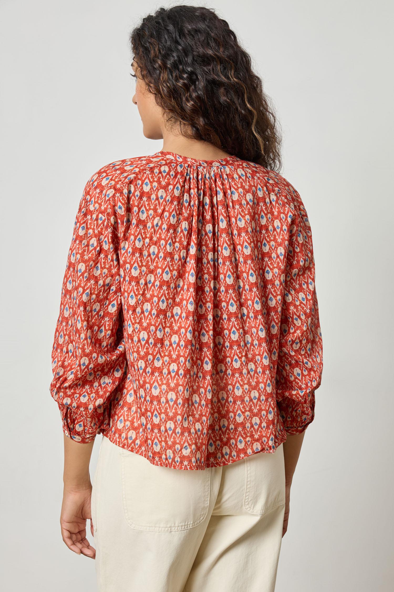 Long Sleeve Shirred Blouse Womens Top Chili Print A2