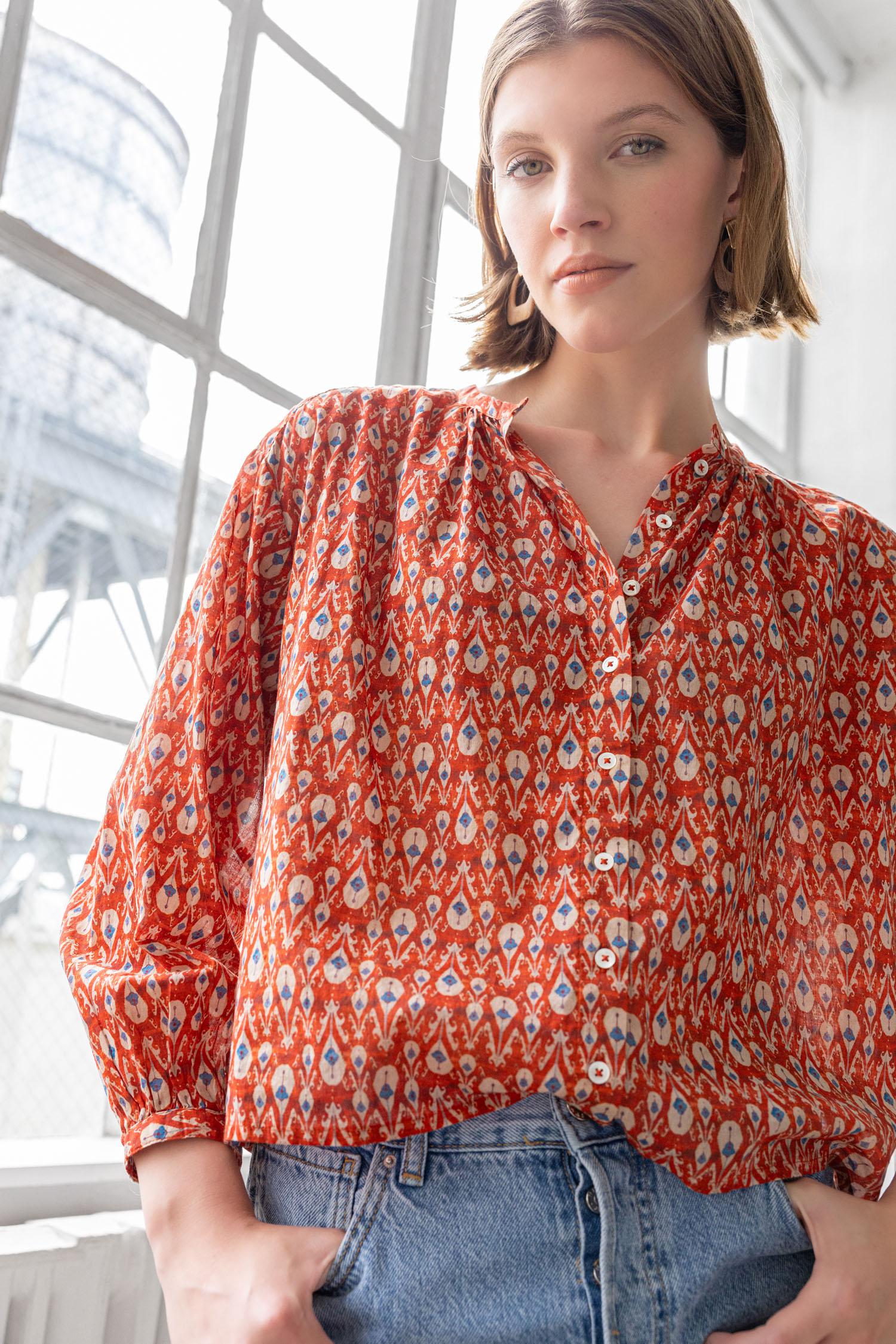 Long Sleeve Shirred Blouse Womens Top Chili Print C2
