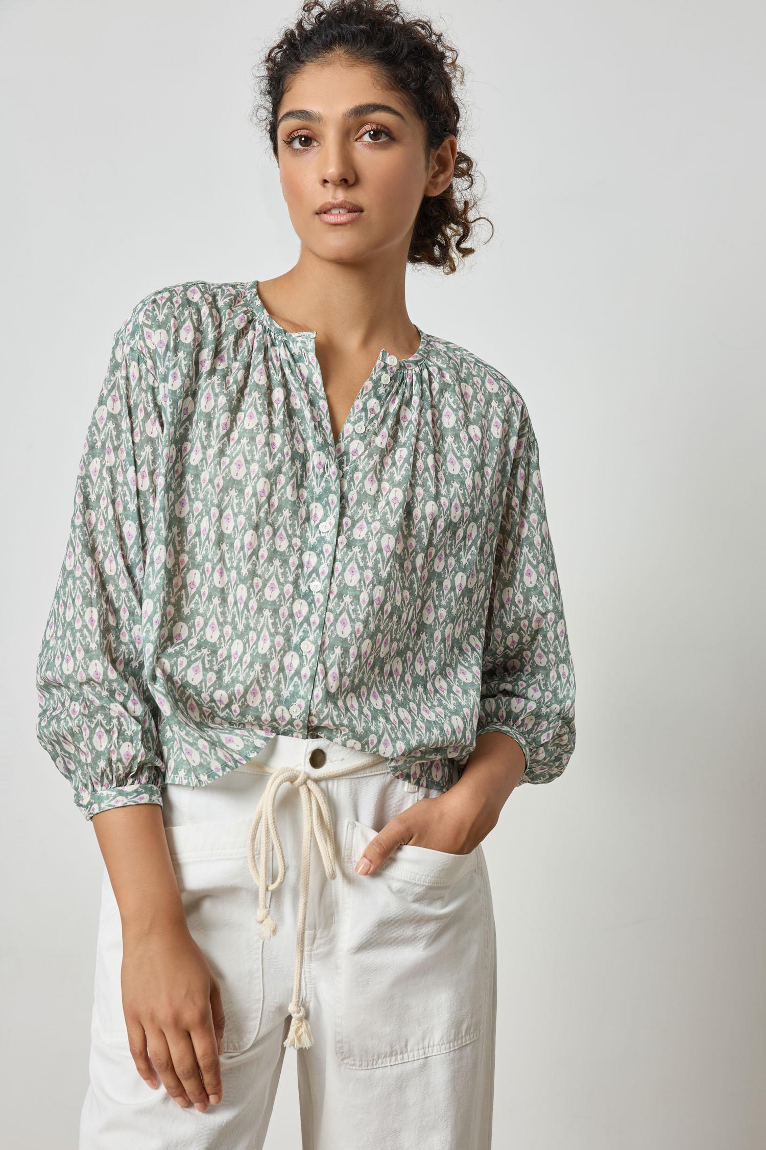 Long Sleeve Shirred Blouse Womens Top Seagrass Print A1