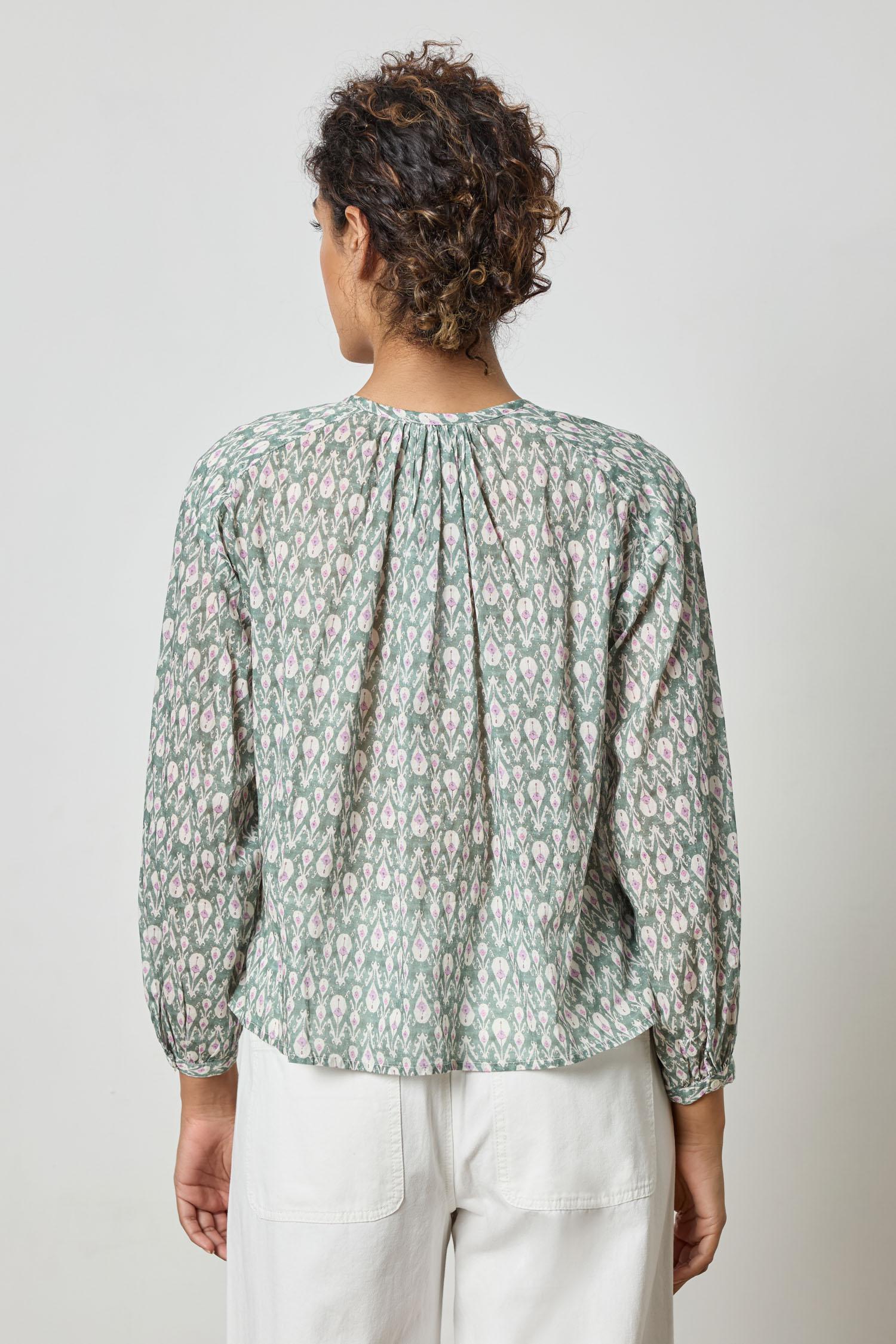 Long Sleeve Shirred Blouse Womens Top Seagrass Print A2