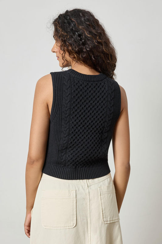 Cropped Cable Tank Sweater in color Black Image A2