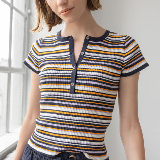 Striped Short Sleeve Henley in color Navy Stripe Image C1