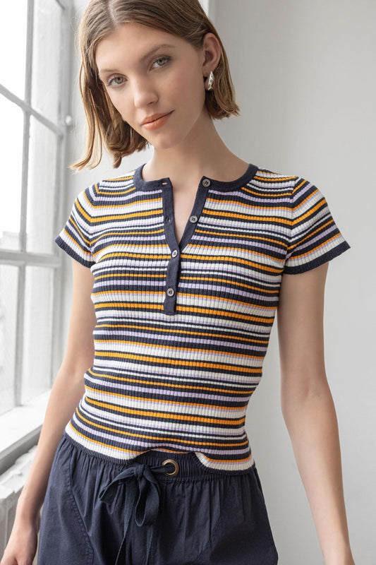 Striped Elbow Sleeve Henley Womens Sweater Navy Stripe C1