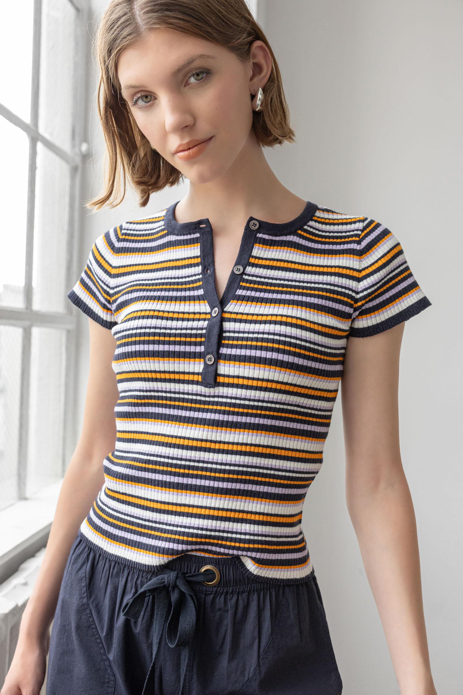 Striped Short Sleeve Henley in color Navy Stripe Image C1