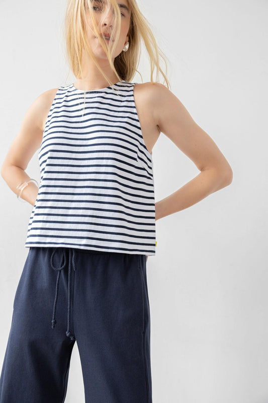 Mixed Media Tank Womens Top Dark Navy Stripe C1
