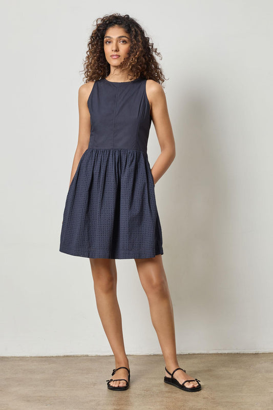 Eyelet High Neck Mini Dress Womens Dress Navy A1