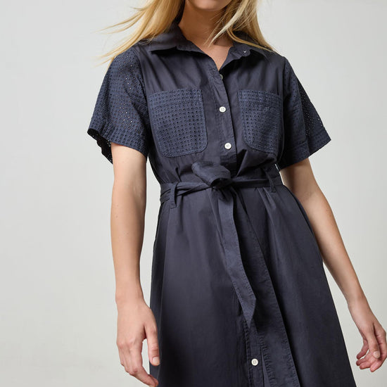 Eyelet Trim Maxi Shirt Dress Womens Dress Navy A1