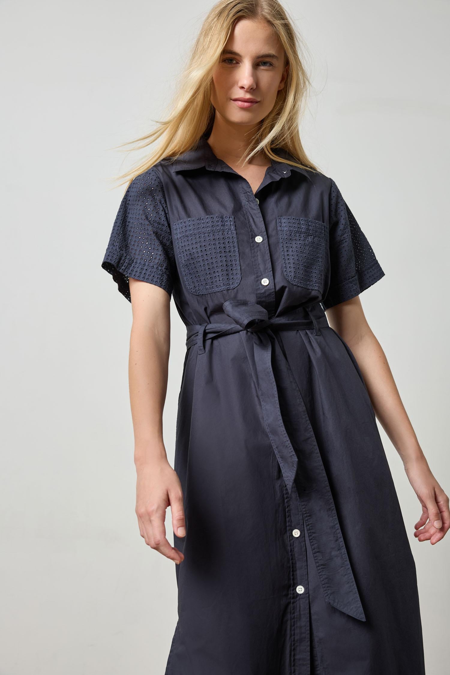 Eyelet Trim Maxi Shirt Dress Womens Dress Navy A1