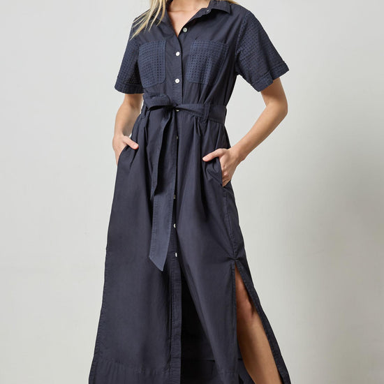 Eyelet Trim Maxi Shirt Dress Womens Dress Navy A2