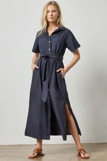 Eyelet Trim Maxi Shirt Dress Womens Dress Navy A2