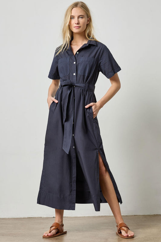 Eyelet Trim Maxi Shirt Dress Womens Dress Navy A2